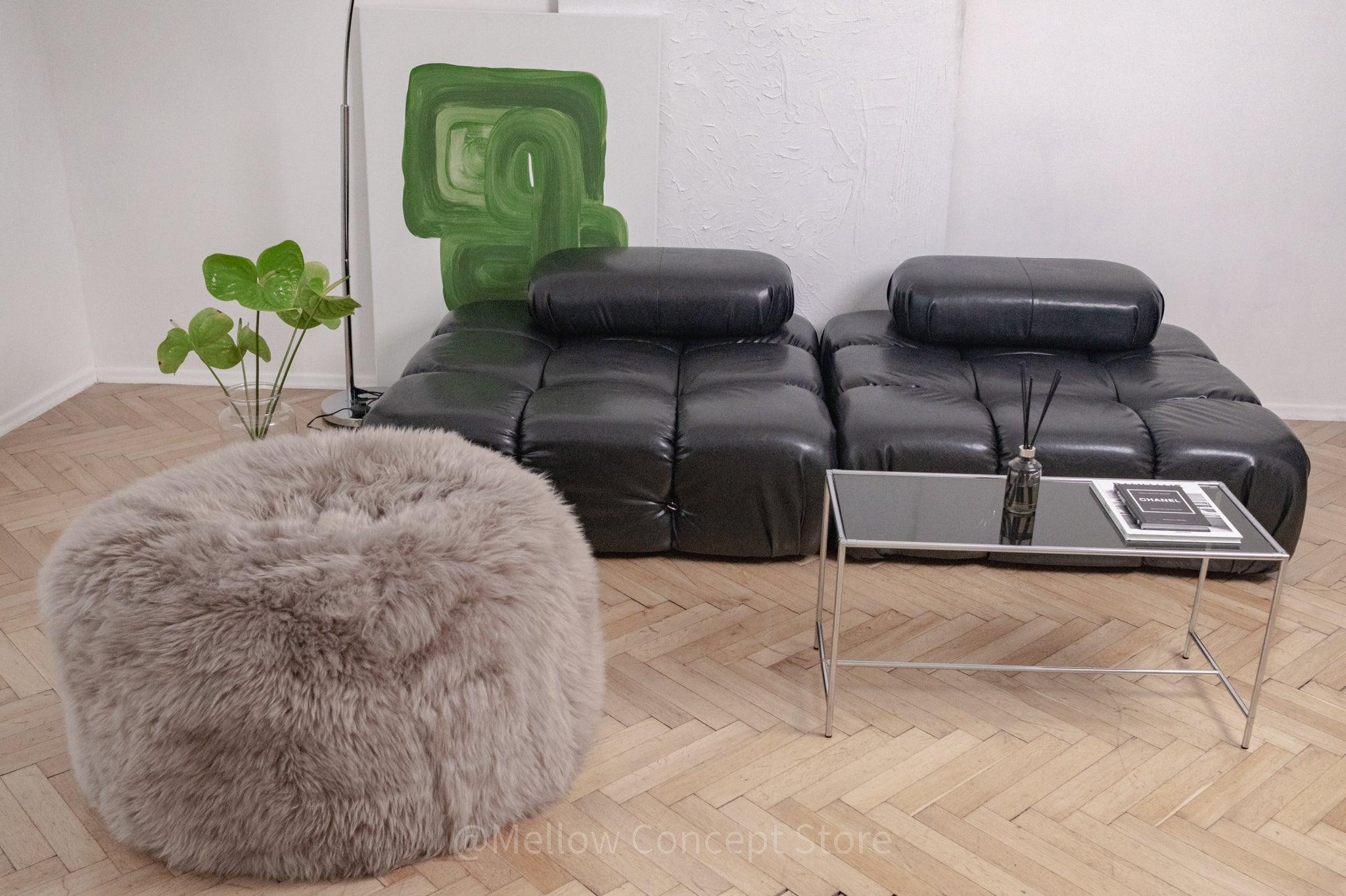 🖤 Natural Sheepskin Pouf | Greige Ottoman-2