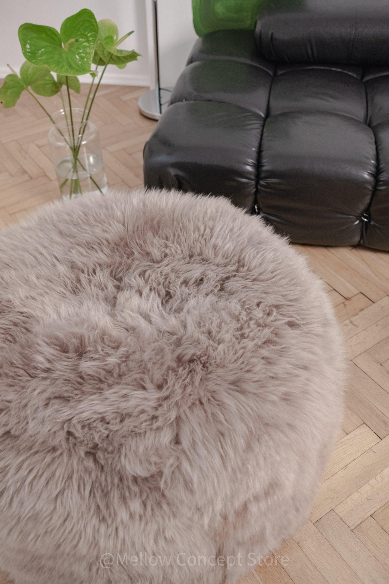 🖤 Natural Sheepskin Pouf | Greige Ottoman-4
