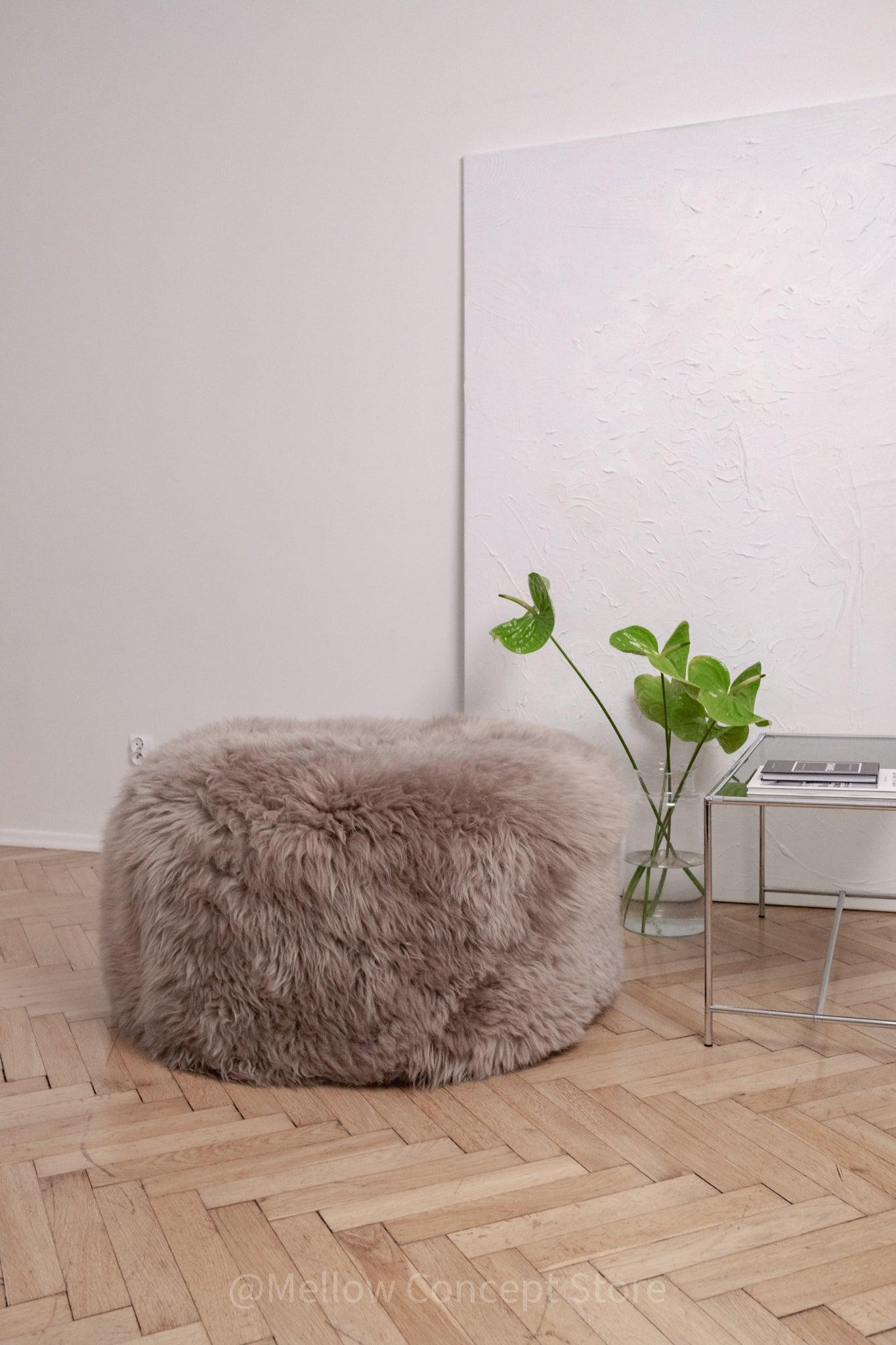 🖤 Natural Sheepskin Pouf | Greige Ottoman-0